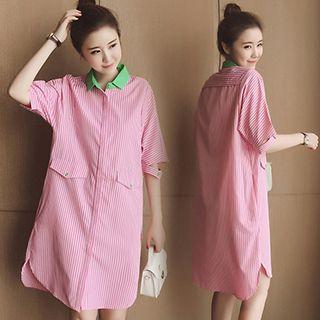 Pinstripe Panel Short-sleeve Shirtdress