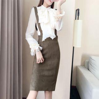 Set: Flared-cuff Ruffled Blouse + Overall Dress
