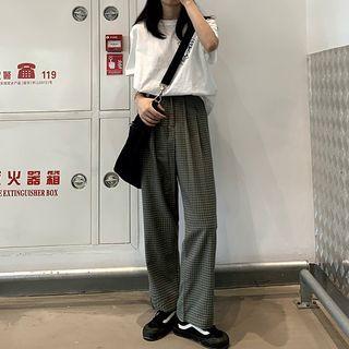 Short-sleeve Lettering T-shirt / Plaid Wide-leg Pants