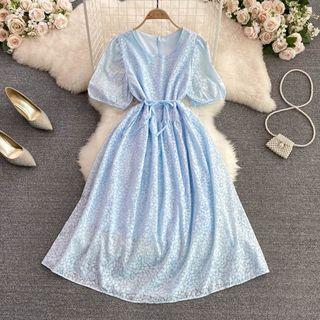 Puff Sleeve Round-neck A-line Dress
