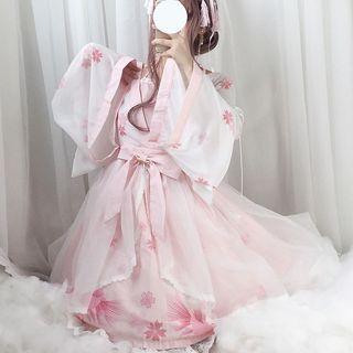 Mock Two-piece Printed Long-sleeve A-line Dress / Bow Headband