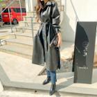 Faux-leather Long Mac Coat With Sash