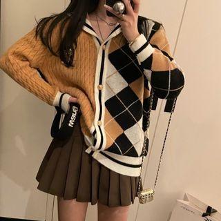 Argyle Print Panel Cardigan Argyle - Tangerine & Black & White - One Size