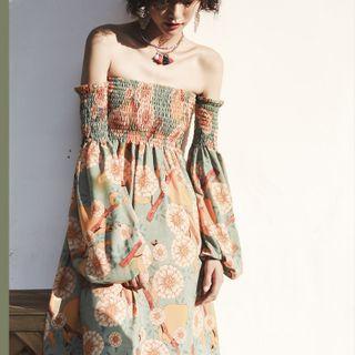 Floral Print Off-shoulder Balloon-sleeve Midi Sundress Dress - One Size