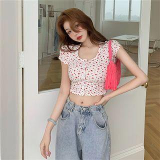 Cap-sleeve Floral Print Crop Top Floral - White - One Size