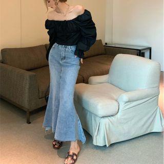 Off-shoulder Blouse / Denim Midi Mermaid Skirt