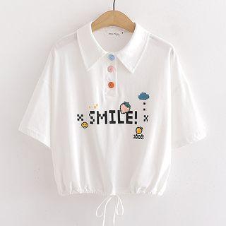 Lettering Print Cropped Polo Shirt