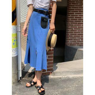 Slit Ruffle Hem Midi A-line Skirt