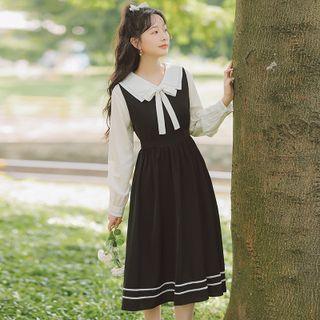 Long-sleeve Tie-neck Blouse / Midi A-line Overall Dress / Set