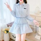 Set: Long-sleeve Plain Shirt + Beaded A-line Skirt