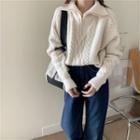 Long-sleeve Collar Cable Knit Zip Sweater Almond - One Size