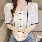 Puff-sleeve Square-neck Heart Button Textured Shirt