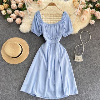 Square-neck Ruched Cutout Open-back Dress