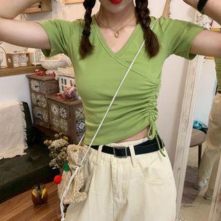 Drawstring V-neck Short-sleeve Cropped Top