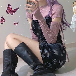 Long-sleeve Cutout T-shirt / Butterfly Print Pinafore Dress