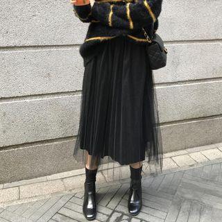 Sheer Overlay Pleated Midi Skirt
