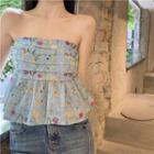 Strapless Flower Print Top Flower Print - Blue - One Size