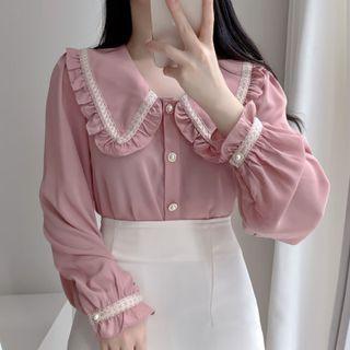 Lantern-sleeve Peter Pan Collar Ruffle Trim Blouse