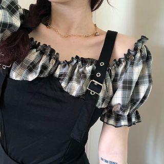 Short-sleeve Paneled Cold Shoulder Plaid Blouse Black - One Size