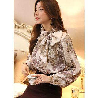 Tie-neck Balloon-sleeve Paisley Satin Blouse
