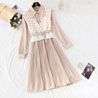 Set: Pleated Chiffon Dress + Sleeveless Dotted Knit Top