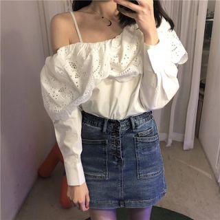 One Shoulder Lace Trim Top White Shirt - One Size