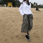 Long-sleeve Top / Midi A-line Plaid Skirt