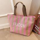 Letter Embroidered Striped Woven Tote Bag