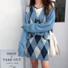 Geometry Buttoned Cardigan/ Knit Mini A-line Skirt