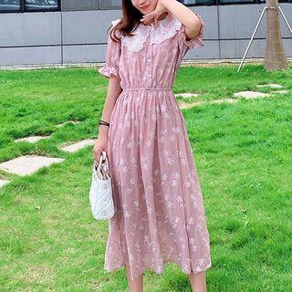 Elbow-sleeve Lace Paneled Embroidered A-line Midi Dress