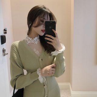 Lace Long-sleeve Top / V-neck Long-sleeve Knit Dress