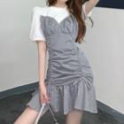 Plaid Panel Ruched Puff-sleeve Mini A-line Dress As Shown In Figure - One Size