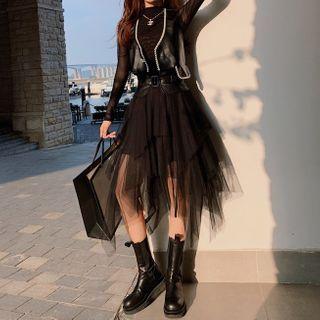 Irregular Hem Mesh Midi A-line Skirt / Long-sleeve Mesh Top / Faux Leather Vest