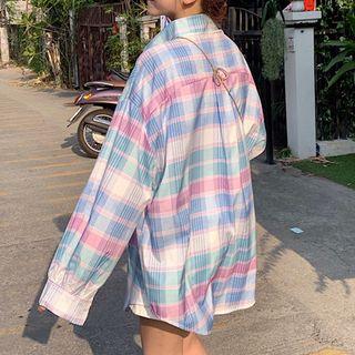 Pocket-front Gingham Long-sleeve Shirt As Shown In Figure - One Size