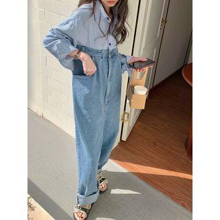 Long-sleeve Striped Loose-fit Denim Jumpsuit Blue - One Size