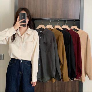 Lapel Plain Big-pocket Long-sleeve Top