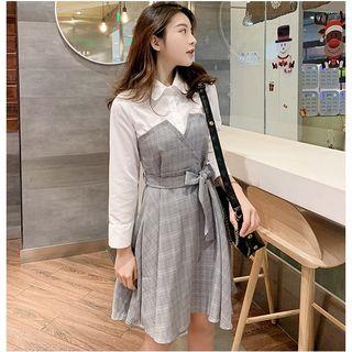 Mock Two Piece Long-sleeve A-line Dress Gray - One Size