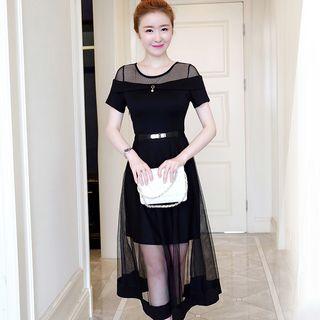 Short-sleeve Mesh Panel A-line Midi Dress