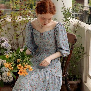 Set Puff-sleeve Floral Top + A-line Skirt