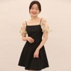 Short-sleeve Cold-shoulder Floral Mesh Panel Mini Dress