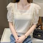 Puff-sleeve Square Neck Lace-trim Blouse
