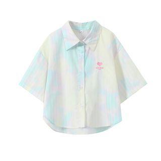 Short-sleeve Heart Embroidered Striped Shirt Yellow - One Size