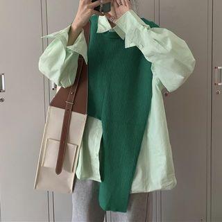 Long-sleeve Plain Shirt / Asymmetrical Sweater Vest / Set