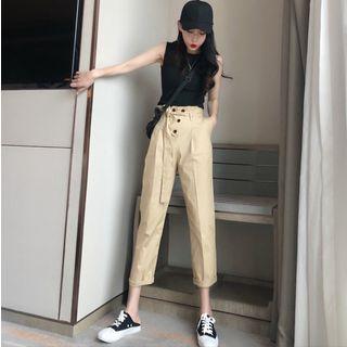 Plain Vest / Paperbag-waistline Crop Pants With Sash