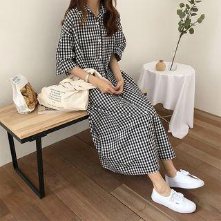 Gingham Elbow-sleeve Maxi Shirt Dress
