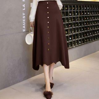 Wave Hem Midi A-line Knit Skirt