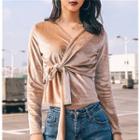 V-neck Tie-front Velvet Long-sleeve Top