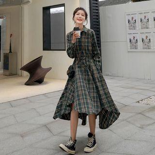 High-low Plaid Long-sleeve Midi A-line Dress