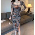 Long Sleeve Square Neck Floral Mesh Dress