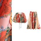 Puff-sleeve Flower Print Blouse / Midi A-line Skirt / Set